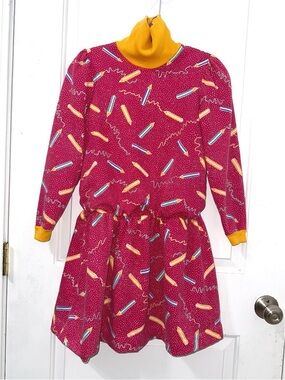 Vintage Miss Quality dress pink pencil print and yellow turtleneck collar